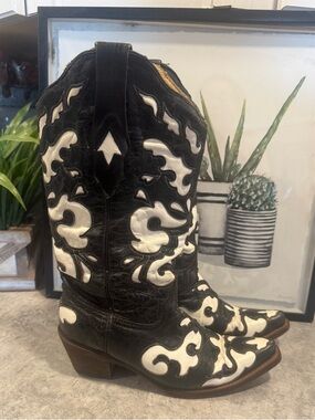 Corral Vintage Cowboy Boots Women’s Size  8M Leather Black White Fashion In Lay